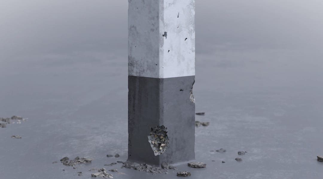 3D-Visualisierung einer beschädigten Parkhausstütze mit Betonabplatzungen am Sockel