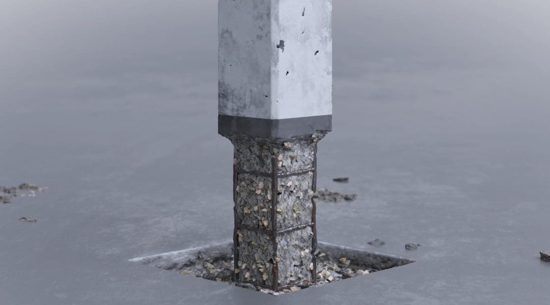 3D-Visualisierung der Stütze mit abgetragenem Beton und freiliegender Bewehrung